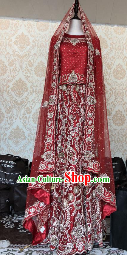 Indian Traditional Wedding Embroidered Costume Asian Hui Nationality Bride Purplish Red Lehenga Dress for Women
