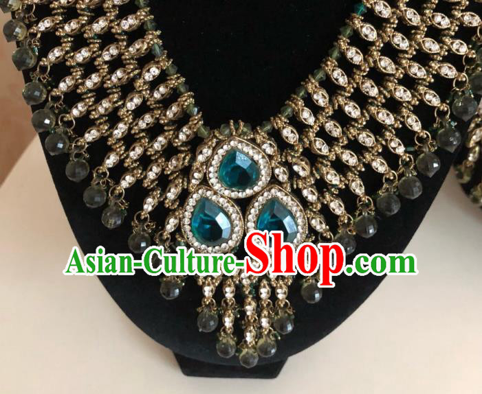 Indian Court Traditional Wedding Luxury Peacock Green Gem Necklace Asian India Bride Jewelry Accessories for Women