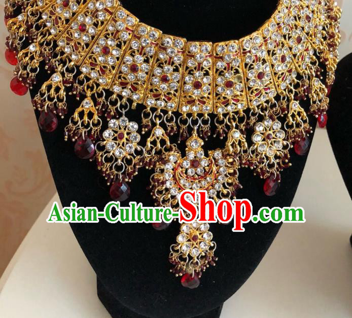 Indian Court Traditional Wedding Luxury Red Beads Golden Necklace Asian India Bride Jewelry Accessories for Women