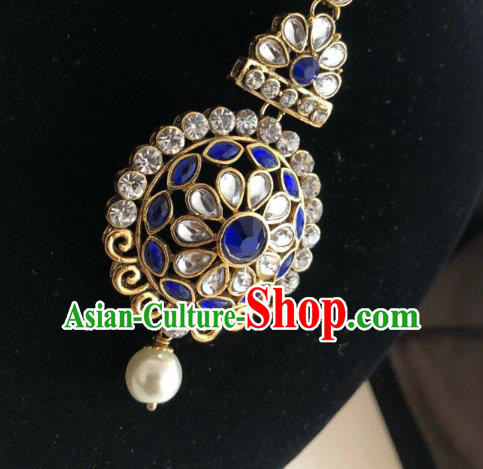 Traditional Indian Wedding Bride Blue Crystal Eyebrows Pendant Asian India Headwear Jewelry Accessories for Women