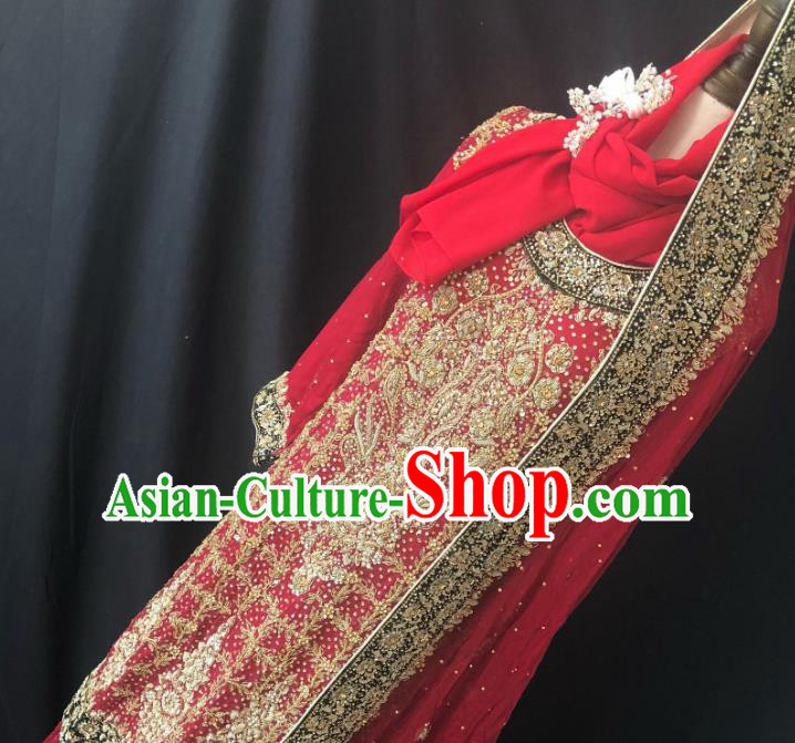 Indian Traditional Embroidered Beads Red Lehenga Dress Asian Hui Nationality Bride Wedding Costume for Women
