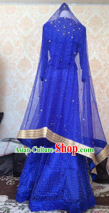 Indian Traditional Wedding Royalblue Embroidered Costume Asian Hui Nationality Bride Lehenga Dress for Women