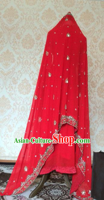 Indian Traditional Wedding Red Embroidered Costume Asian Hui Nationality Bride Lehenga Dress for Women