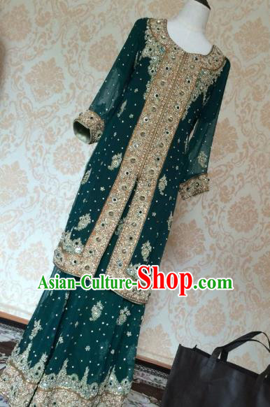 Indian Traditional Wedding Deep Green Embroidered Costume Asian Hui Nationality Bride Lehenga Dress for Women