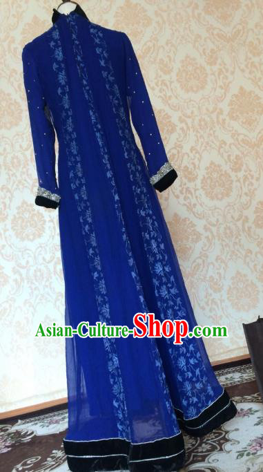 Indian Traditional Wedding Deep Blue Embroidered Costume Asian Hui Nationality Bride Lehenga Dress for Women