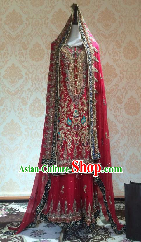 Indian Traditional Wedding Embroidered Red Costume Asian Hui Nationality Bride Lehenga Dress for Women