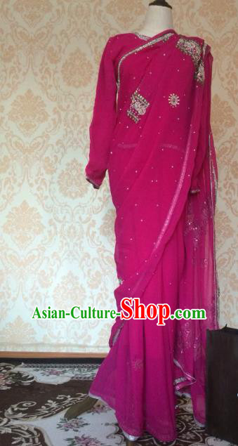 Indian Traditional Wedding Rosy Saree Dress Asian Hui Nationality Bride Embroidered Costume for Women