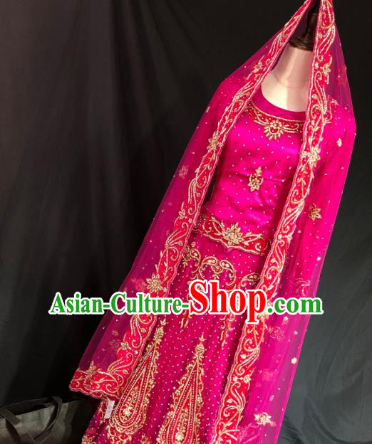 Indian Traditional Wedding Embroidered Diamante Rosy Lehenga Dress Asian Hui Nationality Bride Costume for Women