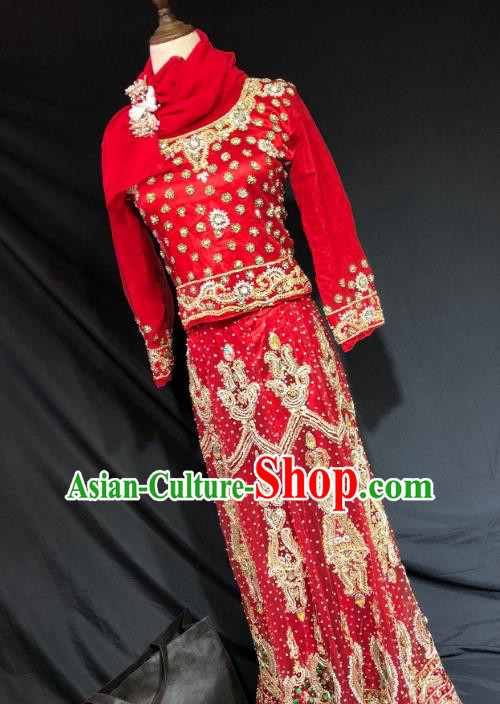 Indian Traditional Wedding Red Embroidered Diamante Lehenga Dress Asian Hui Nationality Bride Costume for Women