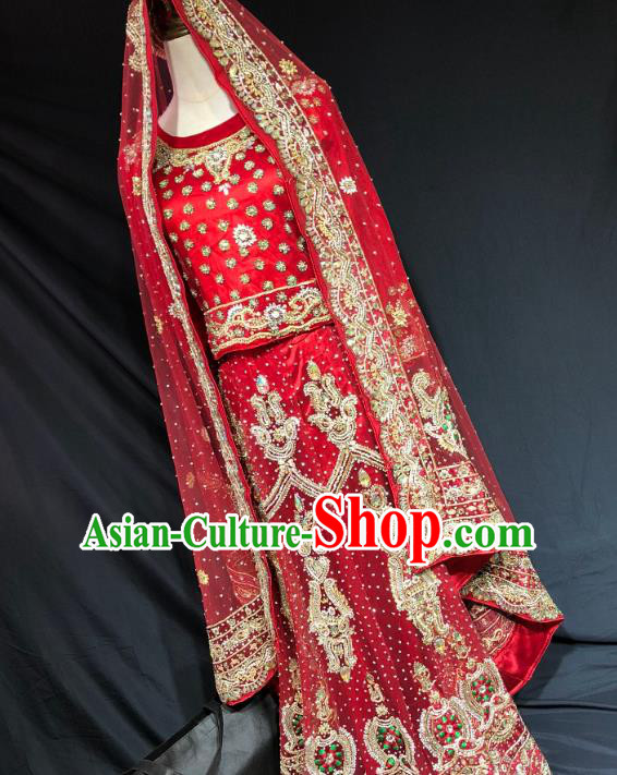 Indian Traditional Wedding Red Embroidered Diamante Lehenga Dress Asian Hui Nationality Bride Costume for Women