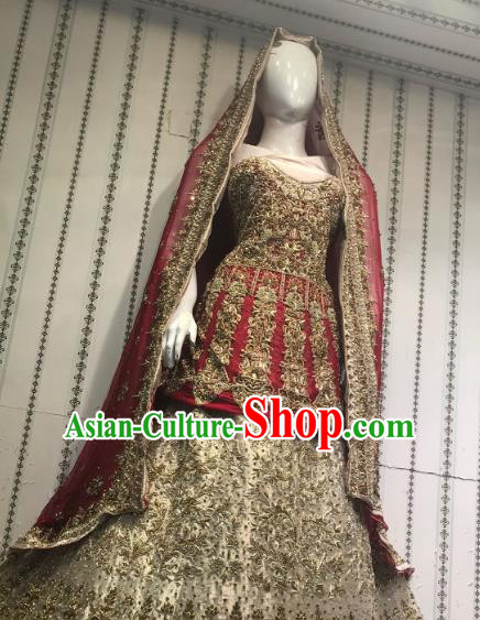 Indian Traditional Bride Purplish Red Lehenga Embroidered Dress Asian Hui Nationality Wedding Costume for Women