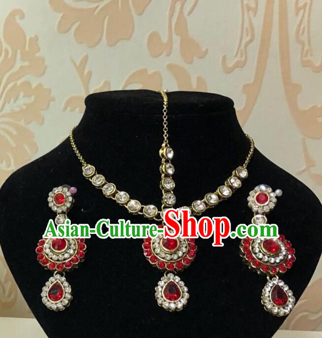 Traditional Indian Wedding Crystal Eyebrows Pendant and Earrings Asian India Bride Headwear Jewelry Accessories for Women