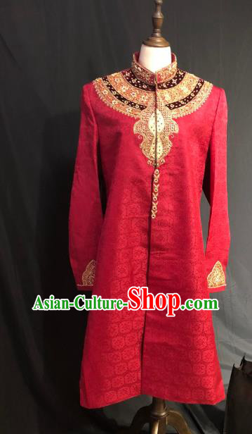 Indian Traditional Wedding Embroidered Red Coat Asian Hui Nationality Bridegroom Costume for Men