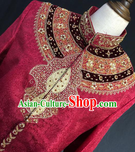 Indian Traditional Wedding Embroidered Red Coat Asian Hui Nationality Bridegroom Costume for Men