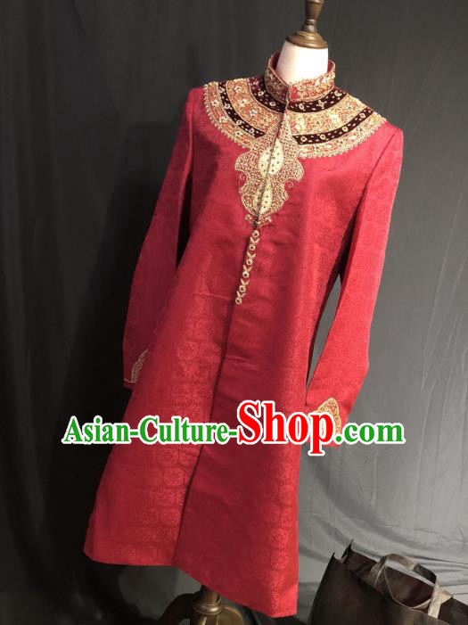 Indian Traditional Wedding Embroidered Red Coat Asian Hui Nationality Bridegroom Costume for Men