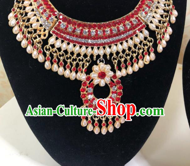 Indian Traditional Wedding Luxury Red Crystal Pearls Necklace Asian India Bride Jewelry Accessories for Women