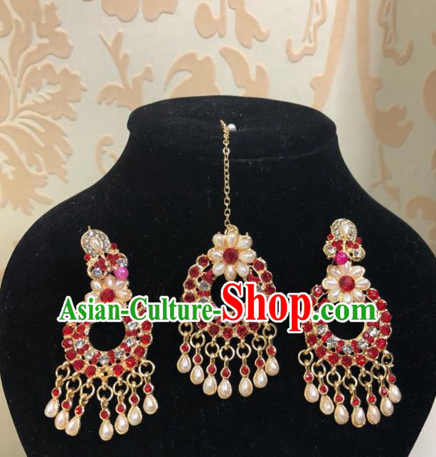 Traditional Indian Wedding Red Crystal Pearls Eyebrows Pendant and Earrings Asian India Bride Headwear Jewelry Accessories for Women