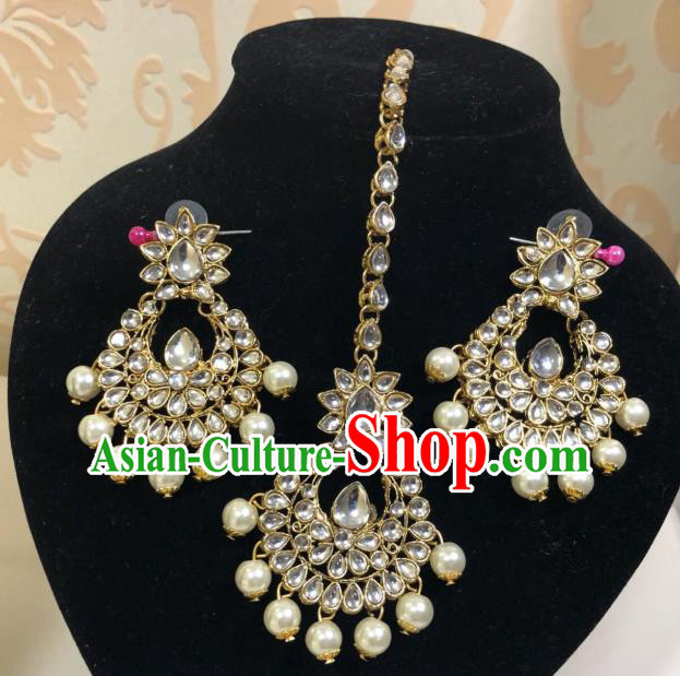 Traditional Indian Wedding Bride Eyebrows Pendant and Earrings Asian India Headwear Jewelry Accessories for Women
