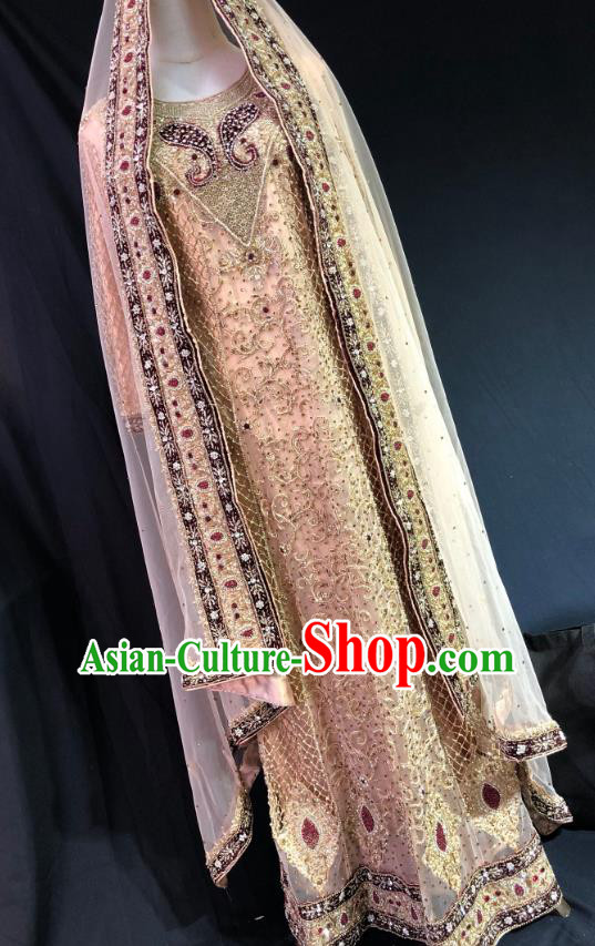 Indian Traditional Bride Embroidered Beads Apricot Lehenga Dress Asian Hui Nationality Wedding Costume for Women