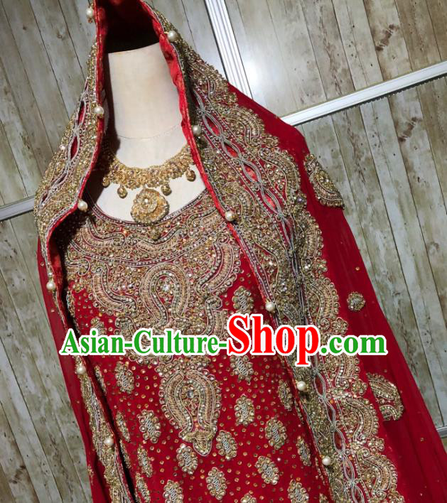 Indian Traditional Wedding Embroidered Red Lehenga Dress Asian Hui Nationality Bride Costume for Women