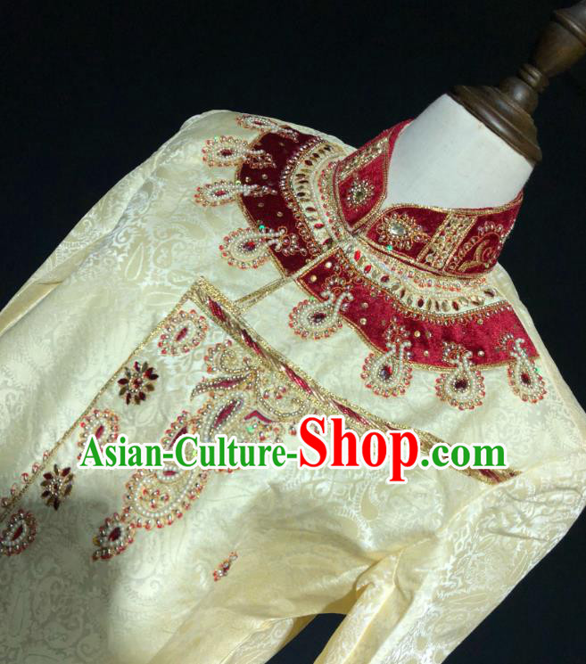 Indian Traditional Wedding Embroidered Apricot Coat Asian Hui Nationality Bridegroom Costume for Men