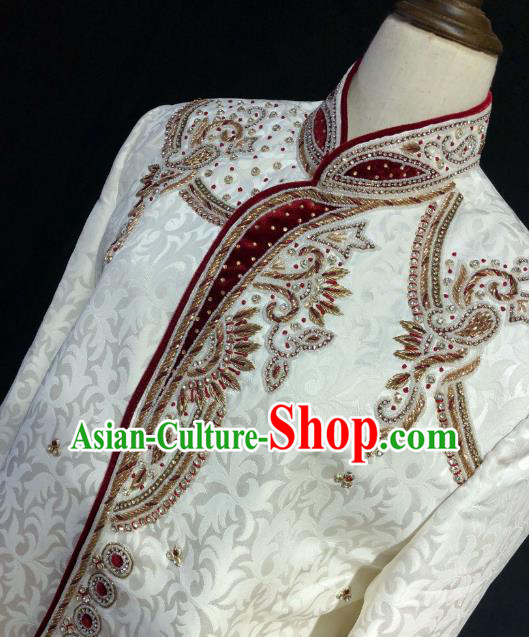 Indian Traditional Court Wedding Embroidered White Coat Asian Hui Nationality Bridegroom Costume for Men