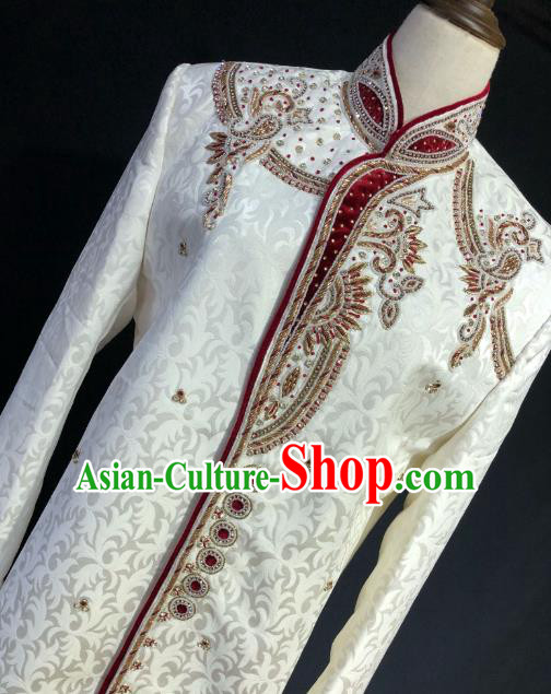 Indian Traditional Court Wedding Embroidered White Coat Asian Hui Nationality Bridegroom Costume for Men
