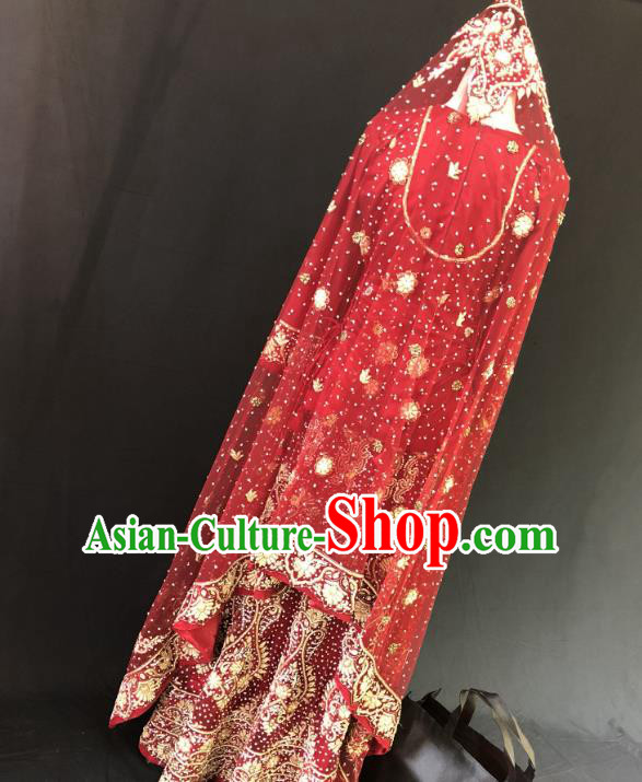 Indian Traditional Wedding Bride Embroidered Red Lehenga Dress Asian Hui Nationality Costume for Women