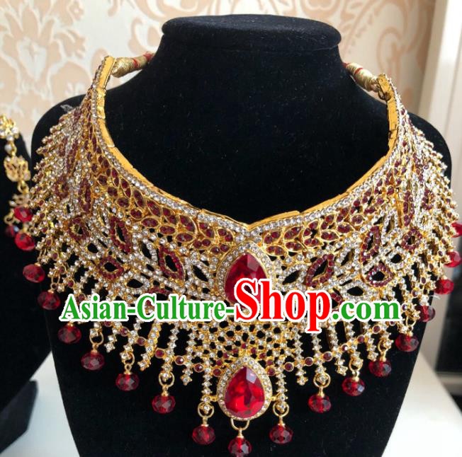 Indian Traditional Wedding Red Crystal Golden Necklace Asian India Bride Jewelry Accessories for Women