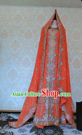 Indian Traditional Diamante Orange Lehenga Costume Asian Hui Nationality Wedding Bride Embroidered Dress for Women