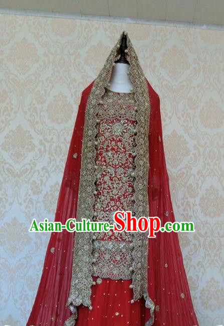 Indian Traditional Court Red Veil Lehenga Costume Asian Hui Nationality Wedding Bride Embroidered Dress for Women