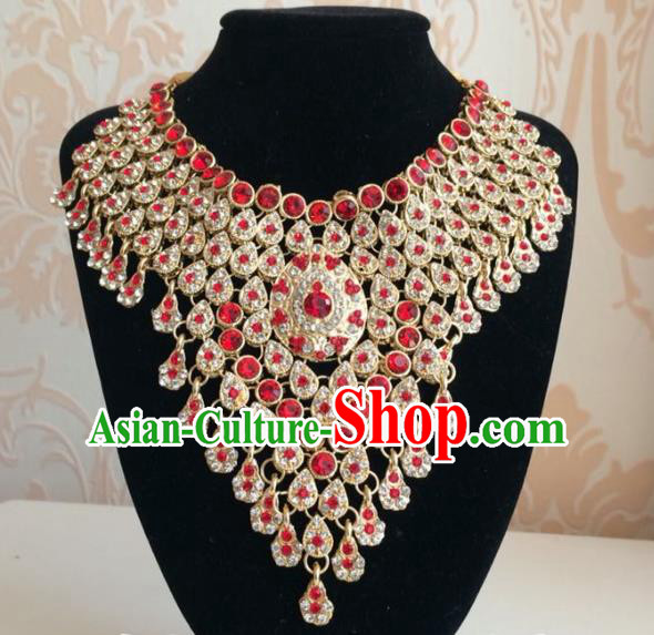 Indian Court Traditional Wedding Luxury Red Crystal Necklace Asian India Bride Jewelry Accessories for Women
