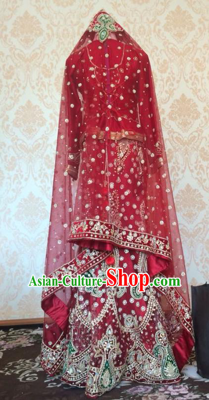 Indian Traditional Court Bride Purplish Red Lehenga Costume Asian Hui Nationality Wedding Embroidered Dress for Women