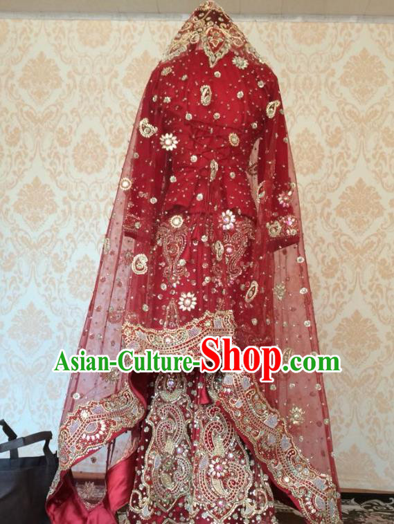 Indian Traditional Court Wedding Purplish Red Lehenga Costume Asian Hui Nationality Bride Embroidered Dress for Women