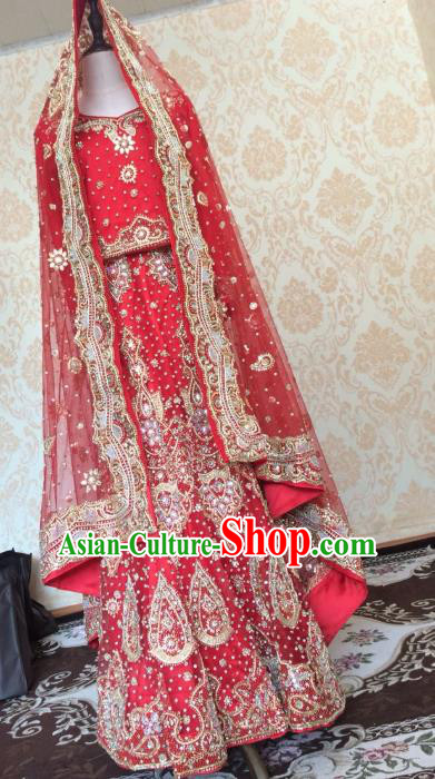 Indian Traditional Court Wedding Embroidered Red Lehenga Costume Asian Hui Nationality Bride Dress for Women