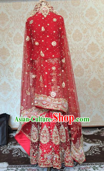 Indian Traditional Court Wedding Embroidered Red Lehenga Costume Asian Hui Nationality Bride Dress for Women