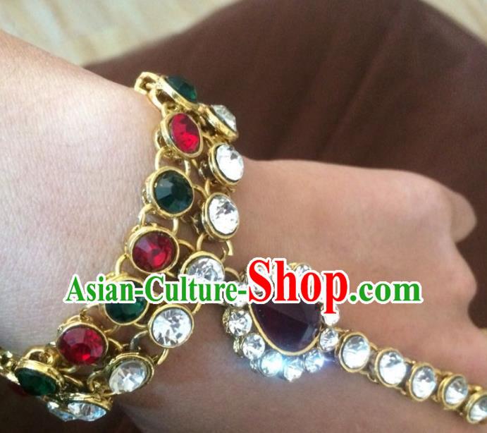 Indian Traditional Wedding Crystal Bracelet with Ring Asian India Court Bride Jewelry Accessories for Women