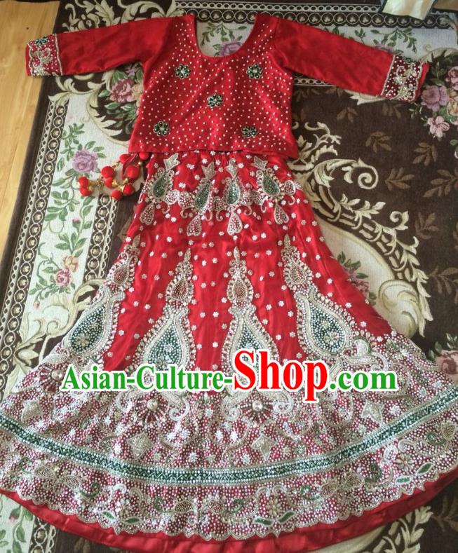 Indian Traditional Court Diamante Wedding Dress Asian Hui Nationality Bride Red Lehenga Costume for Women