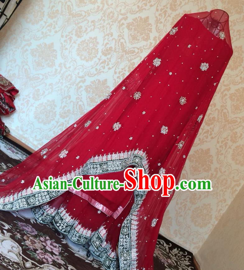 Indian Traditional Court Beading Wedding Dress Asian Hui Nationality Bride Red Lehenga Costume for Women