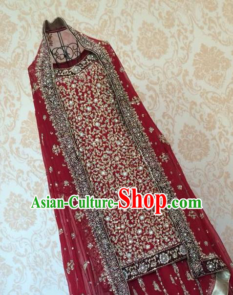Indian Traditional Court Embroidered Beading Wedding Dress Asian Hui Nationality Bride Red Lehenga Costume for Women
