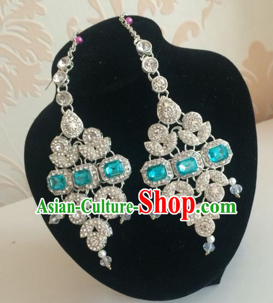Indian Traditional Wedding Blue Crystal Earrings Asian India Court Bride Jewelry Accessories for Women