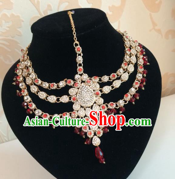 Traditional Indian Court Wedding Red Beads Crystal Hair Accessories Asian India Eyebrows Pendant Jewelry Accessories for Women