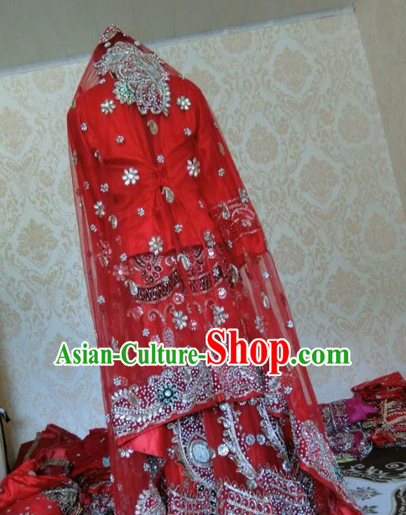 Indian Traditional Court Wedding Diamante Red Lehenga Costume Asian Hui Nationality Bride Dress for Women