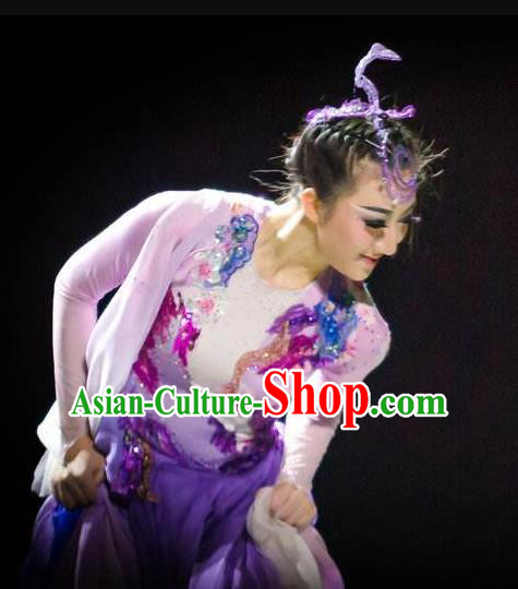 Chinese Colorful Clouds Chasing the Moon Dance Purple Dress Traditional Classical Dance Stage Performance Costume for Women