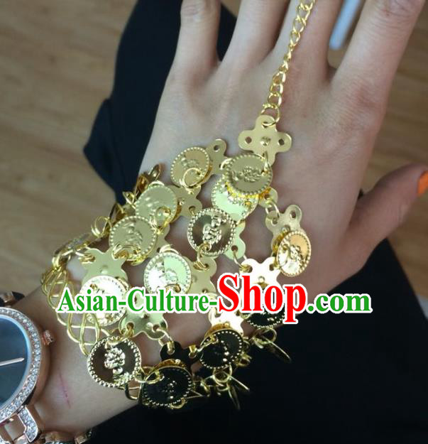 Indian Traditional Wedding Golden Bracelet with Ring Asian India Court Bride Jewelry Accessories for Women