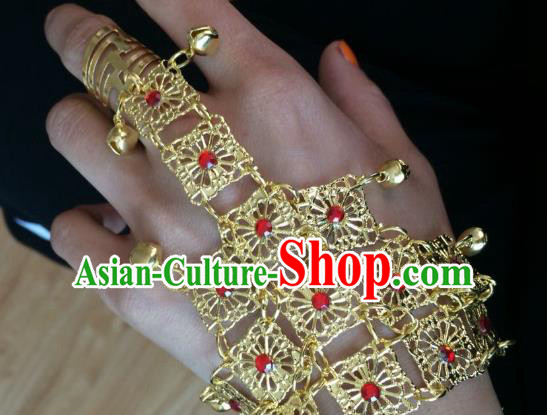 Indian Traditional Wedding Golden Bells Tassel Bracelet with Ring Asian India Court Bride Jewelry Accessories for Women