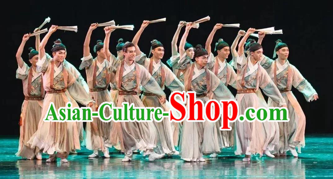 Chinese Traditional Dance Paper Fan Scholar Hanfu Clothing Classical Dance Stage Performance Costume for Men