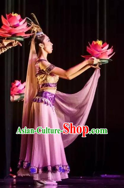 Chinese Yuan Qi Dunhuang Fairy Dance Lilac Dress Traditional Classical Dance Stage Performance Costume for Women