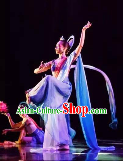 Chinese Yuan Qi Dunhuang Flying Apsaras Dance Blue Dress Traditional Classical Dance Stage Performance Costume for Women
