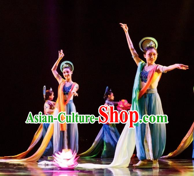 Chinese Yuan Qi Dunhuang Flying Apsaras Dance Blue Dress Traditional Classical Dance Stage Performance Costume for Women